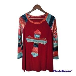 Multi Color Velvet Cross Red Long sleeve Shirt with Pockets
